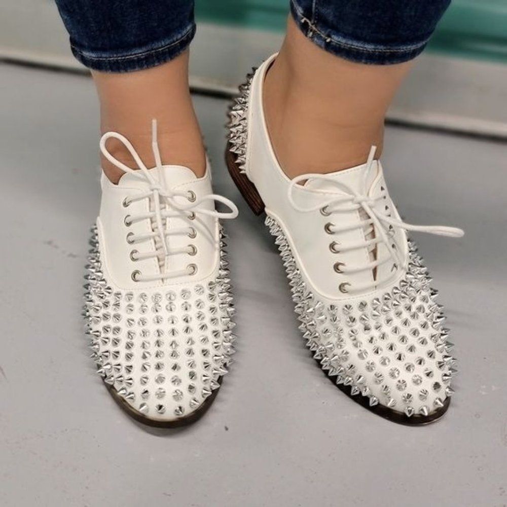 Women's White Silver Studded Lace Up Flat Oxford Shoes